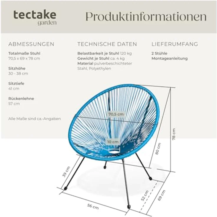 tectake 800988 2er Set Acapulco Garten Stuhl, Relaxsessel im Retro Design, Indoor und Outdoor, Lounge Sessel für Garten Balkon und Terrasse (Blau | Nr. 404409) – Bild 4