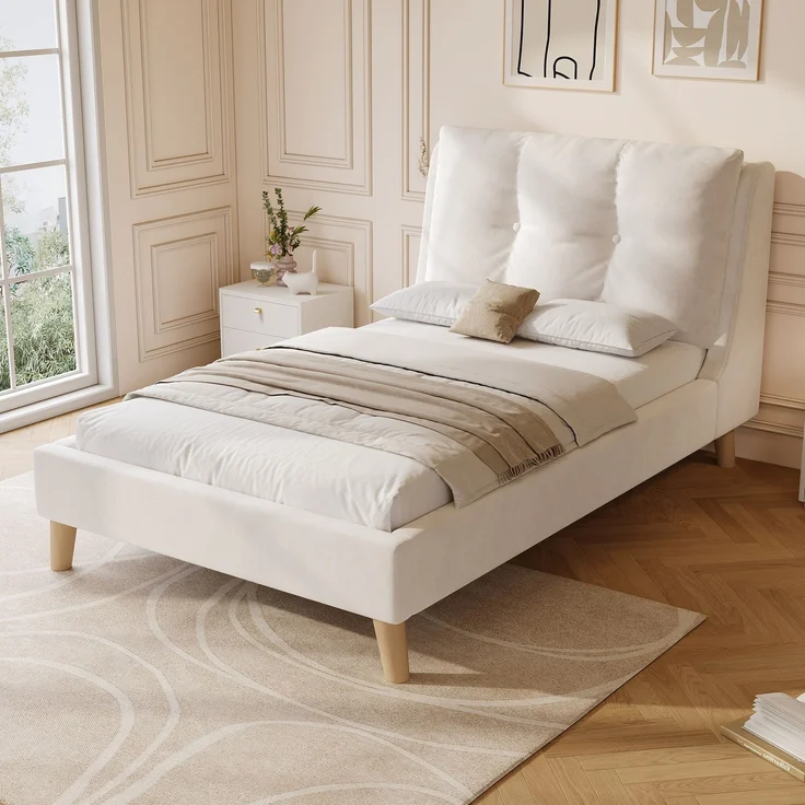Merax Polsterbett, Einzelbett, Kinderbett 90 x 200cm, Bett mit Lattenrost und Kopfteil, Bettbeine aus Massivholz, gepolstertes Kopfteil, samt, beige – Bild 1