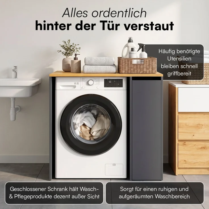 Bellamio 'Vist' Waschmaschine/Trockner Schrank mit 3 Fächern & Tür, Anthrazit/Eichenoptik, Waschmaschinenschrank mit Ablage und Wandanschluss für Standardgeräte, Badschrank für Hauswirtschaftsraum – Bild 3