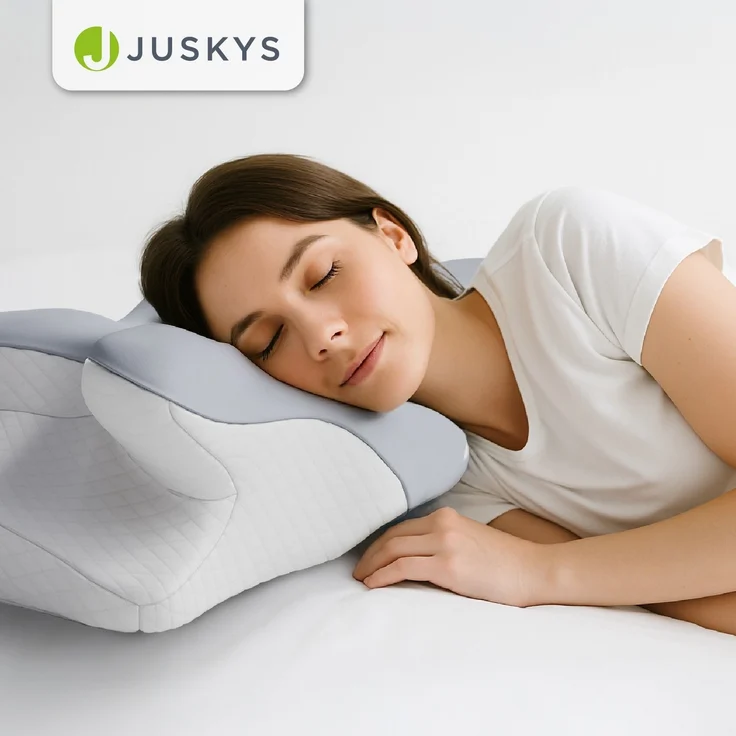 Juskys Nackenkissen 1er Set - Ergonomisches Nackenkissen mit Memory-Foam, atmungsaktivem Bezug - Kissen für den Nacken, gesunder Schlaf - weiß/grau – Bild 7