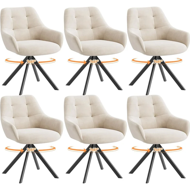 MALOL Drehbare Esszimmerstühle 6er Set, 360° Drehbare Armlehnstühle mit weichem Florstoff & Metallgestell, Bequeme Esszimmerstühle Drehbar mit Rückenlehne für Küche, Esszimmer, Büro, Beige
