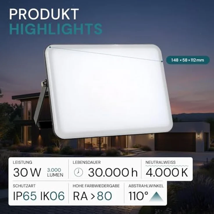LUXULA LED Außenstrahler 30W 4000K Neutralweiß, wasserdicht IP65, Fluter mit mattem Cover und Schnellverbinder für Garten und Werkstatt, Außenleuchte Weiß – Bild 2