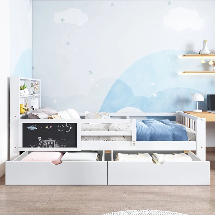 Kinderbett 90x200 cm in Weiß mit Tafel, Sicherheitsleiste und 2 Schubladen – ohne Matratze – Bild 2
