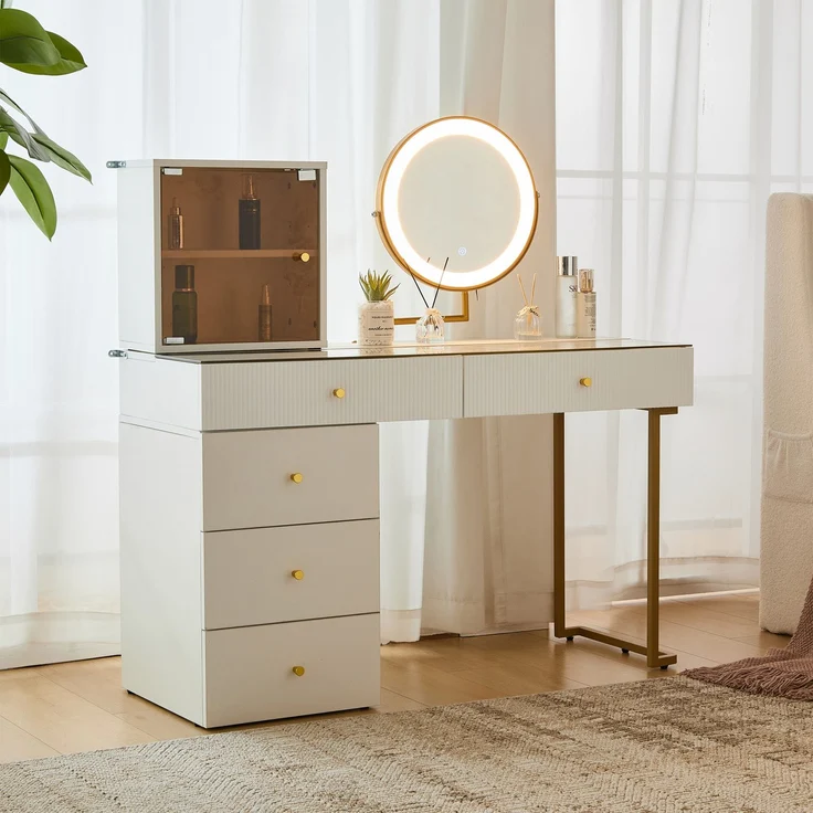 Schminktisch mit LED-Spiegel & flexiblen Regalen, weiß & gold modern Make-up Tisch,ohne Hocker – Bild 1