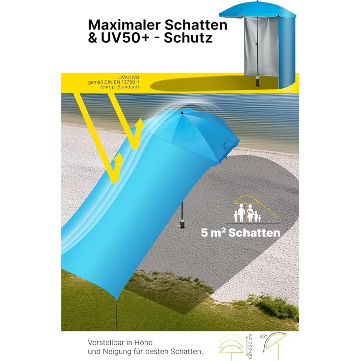 4smile Sonnenschirm 5er-Set Blau, Ø 200 cm, Vielseitiger Sonnenschirm Strand, windfester Strandschirm, Schirmständer Erdspieß, Sonnensegel Strand, faltbare Stranddecke, Schirmhülle – Bild 3