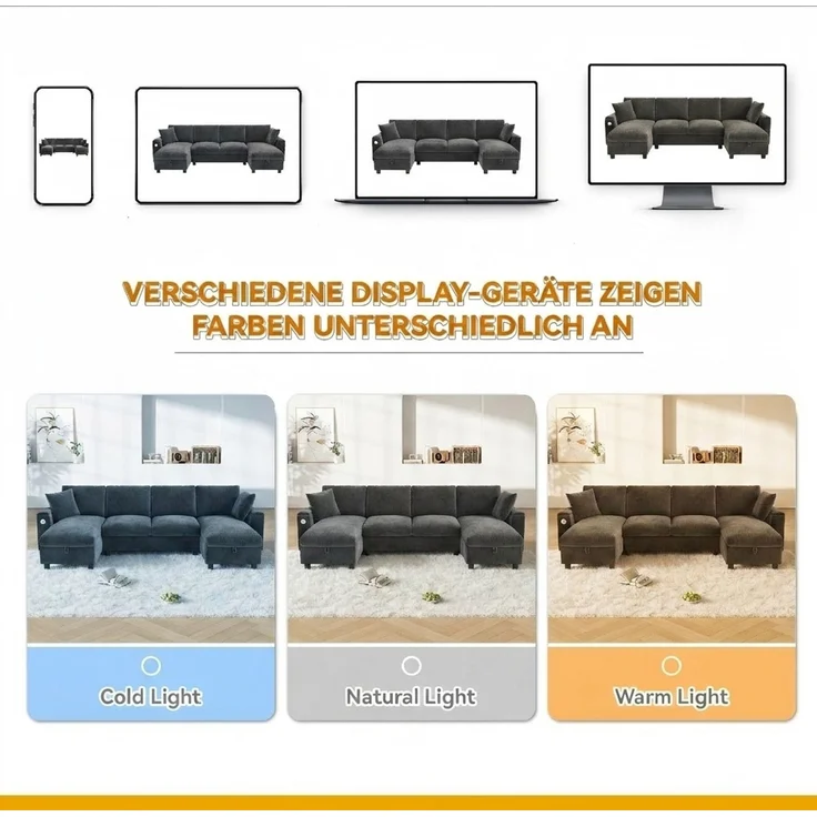 Chenille-U-Sofa mit 2 Stauraum-Chaiselongues, USB und USB-C, gepolsterte modulare Wohnlandschaft 279 cm mit Taschenfederkern, Grau – Bild 15