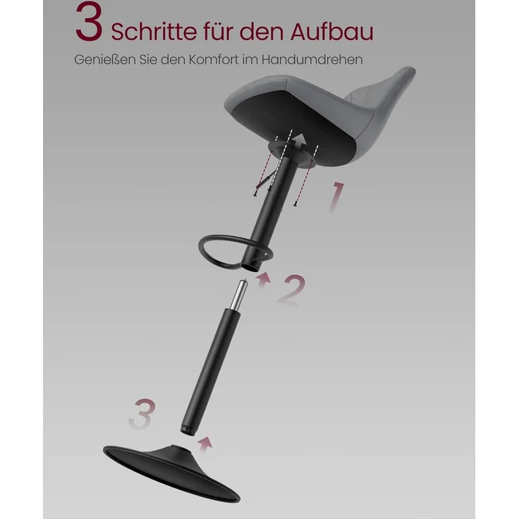 VASAGLE Barstuhl 2er Set, Küchenhocker, 88-108 cm höhenverstellbar, Barhocker, drehbar, mit Fußstütze, Samt-Bezug, grau – Bild 8