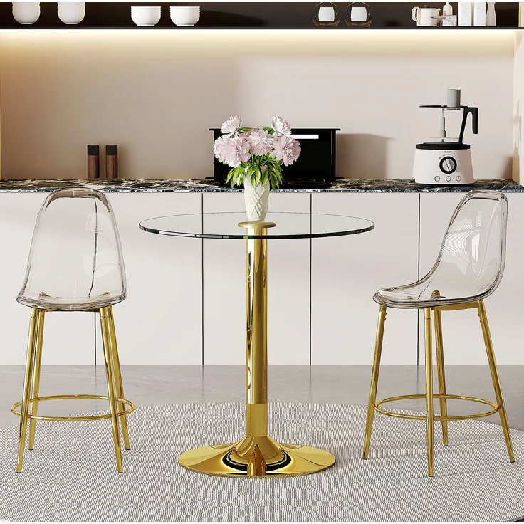 Bartisch-Set mit 2 Barhockern, Tisch Ø 89x92 cm – Glasplatte und goldfarbenes Metallgestell – Bild 2