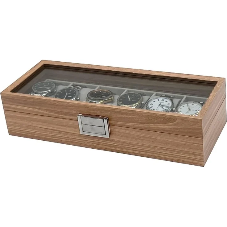 mixed24 Schmuckkasten Holz Uhrenkoffer für 6 Uhren Uhrenaufbewahrung Uhrenkasten Uhrenbox, Deckel aus Echtglas – Bild 3