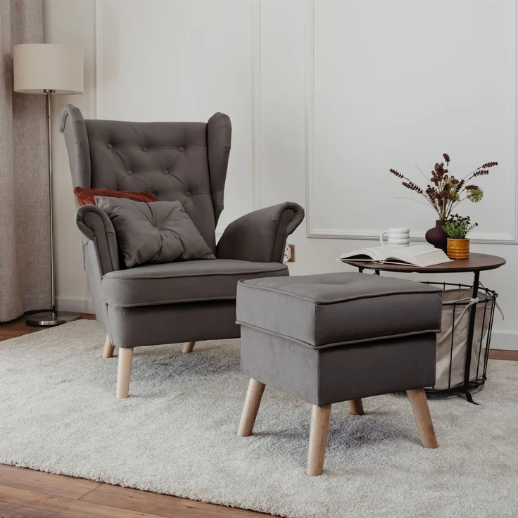 Sessel Ohrensessel ALISON inkl. Hocker in Stoff Trinity Dunkelgrau – Bild 1