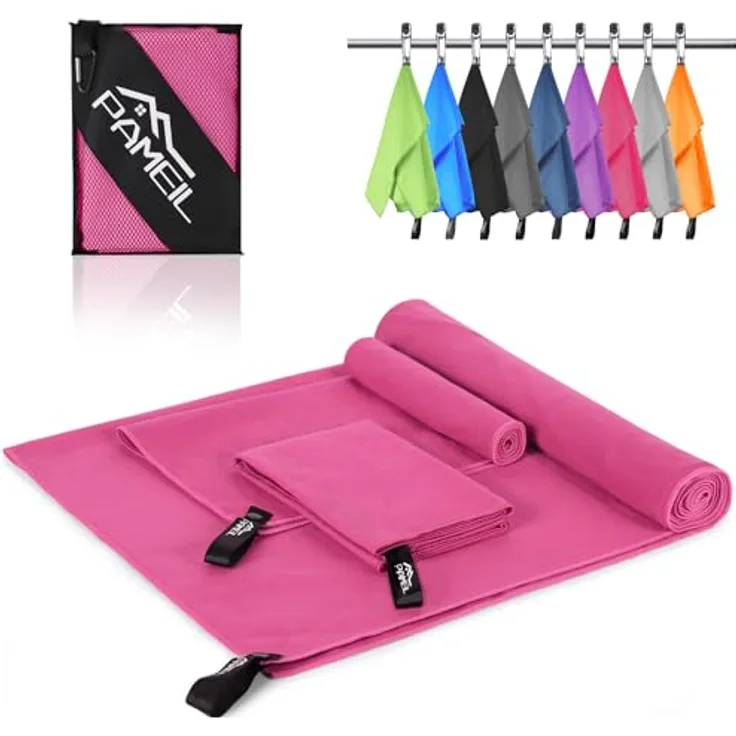 Pameil Mikrofaser Handtuch 3er Set, schnelltrocknend und super saugfähig, 1 großes Badetuch (160x80cm) + 2 kleine Handtücher (80x40cm), rosa