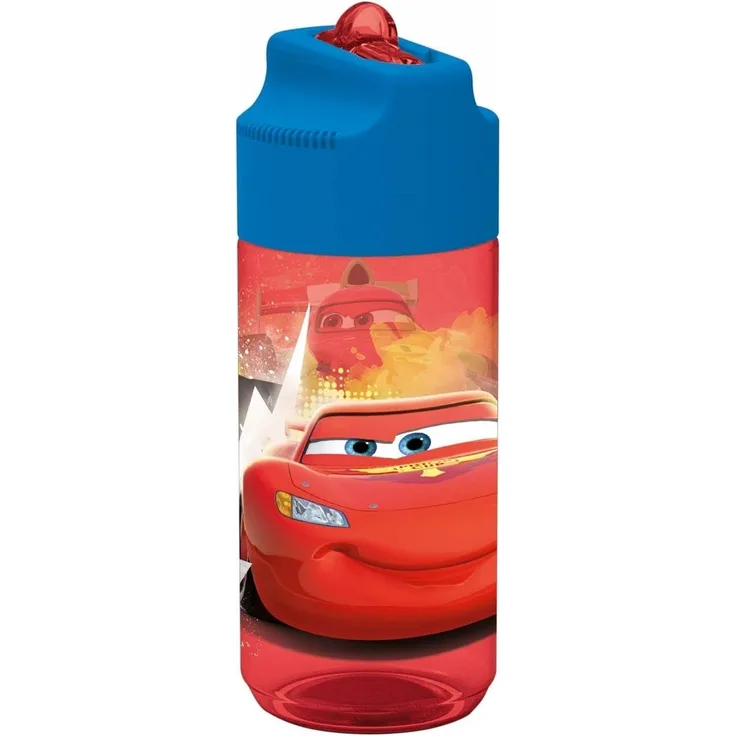 POS 24654088 - Trinkflasche mit Disney Pixar Cars Motiv, transparent mit Strohhalm zum hochklappen, BPA-frei, Fassungsvermögen ca. 430 ml, ideal für Schule, Sport und Freizeit
