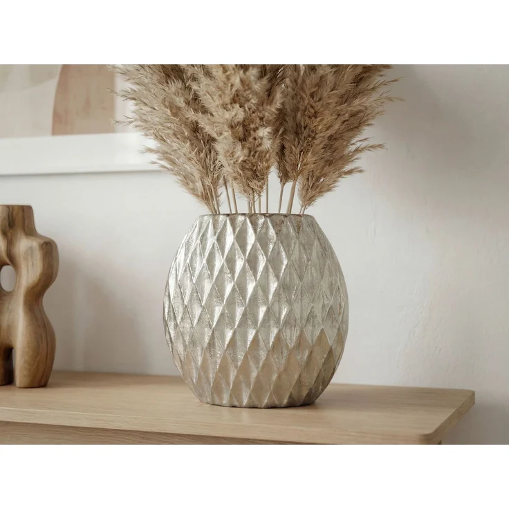 FINEBUY Dekovase FB77844 Vase Dekovase 33,5cm Metall Silber Blumenvase Wohndeko Rund (Extravagante Metallvase mit 3D-Rautenmuster), Schlankes Design aus robustem Aluminium – Bild 4
