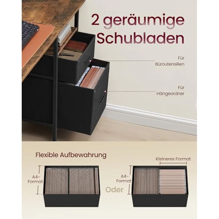 VASAGLE Schreibtisch mit Stoff-Schubladen, Computertisch mit Monitorständer, Bürotisch, 2 AC-Steckdosen, 2 USB-A-Anschlüsse, für Homeoffice, 140x60 cm, vintagebraun LWD094K02V1 – Bild 5