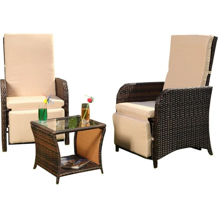 Melko Balkonset Sitzgarnitur Polyrattan Braun Sitzgruppe Essgarnitur Gartenmöbel Set, (elegantes Set im Lounge-Design, 3-tlg, inkl. Auflagen für mehr Komfort), 3-teiliges Rattanmöbel Set mit verstellbarer Rücken- & Fußlehne – Bild 1