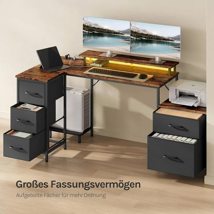 Woltu Eckschreibtisch, Schreibtisch L Form 180x80cm mit 5 Schubladen 2 Ablagen&Steckdosen LED – Bild 4