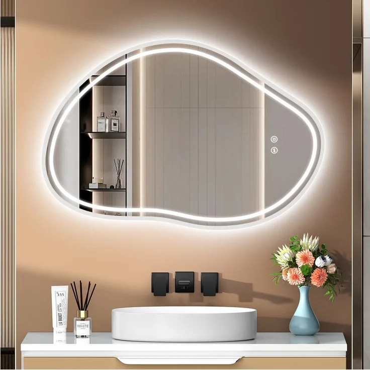 PESENXAN LED Badspiegel 80x53 cm, Dimmbar mit 3 Lichtfarben, Touch-Schalter, Memory-Funktion, IP44 wasserfest, silber