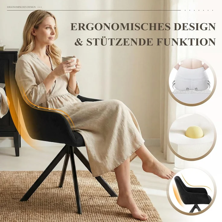 COLAMY Drehbare Esszimmerstühle 6er Set, Esszimmerstühle Drehbar mit Armlehne, Armlehnstuhl Drehbar mit Rückenlehne für Esszimmer, Stühle aus Weichem Florstoff mit Metallgestell für Küche, Schwarz – Bild 6