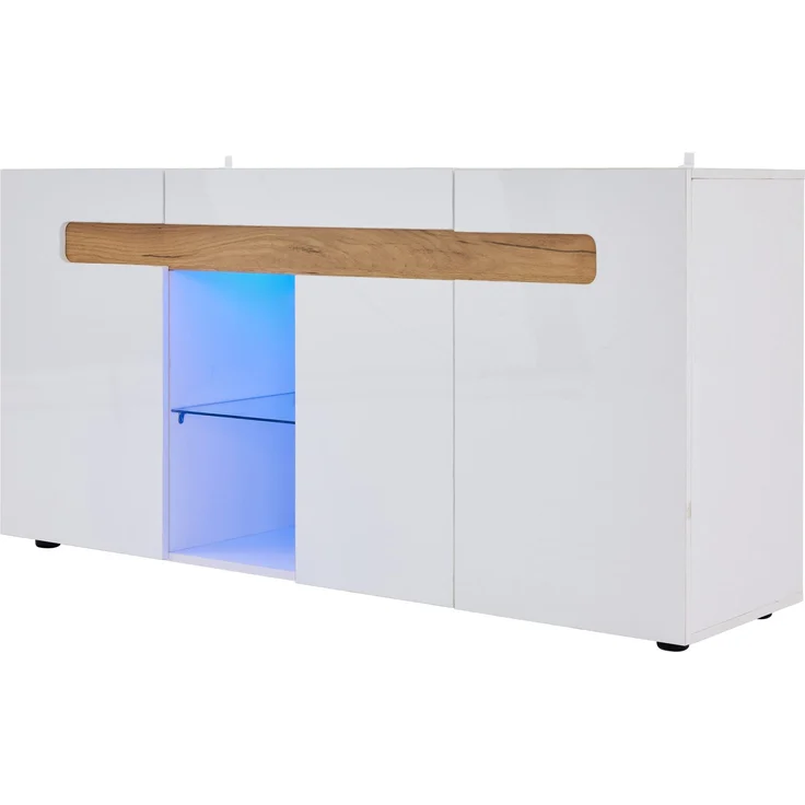DESVIAE Sideboard mit LED-Beleuchtung und 3 Türen 140x70x40 cm Spanplatte Weiß/Natur – Bild 8