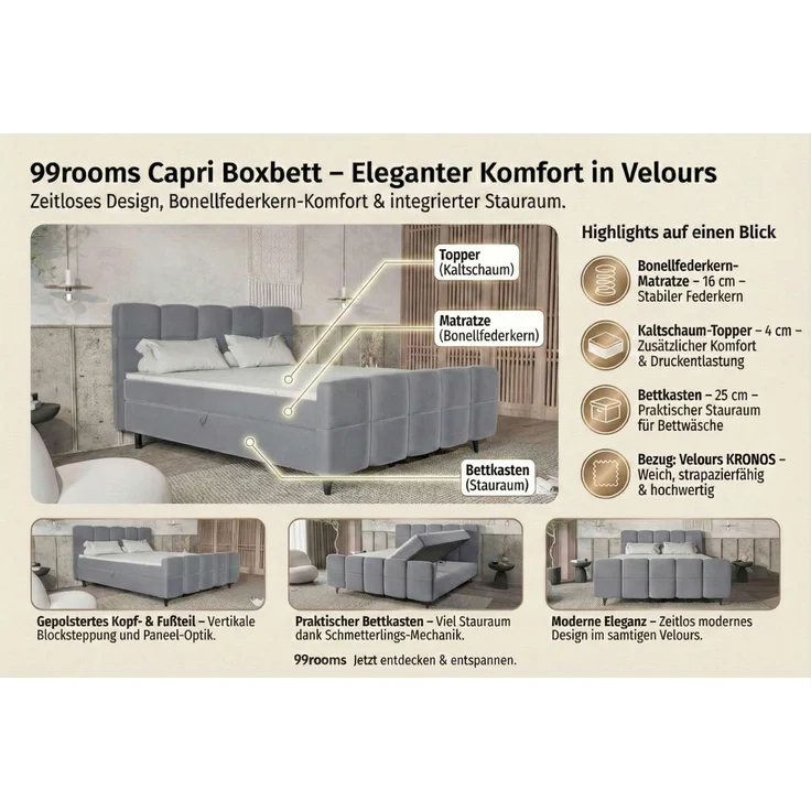 99rooms Capri Boxbett 160x200 cm Velours KRONOS Rot – Bild 2