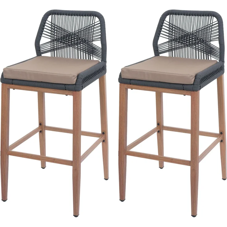 2er-Set Rope-Barhocker HWC-O21, Outdoor Sitzpolster Seilgeflecht Metall Holz-Optik ~ anthrazit, Kissen taupe – Bild 9