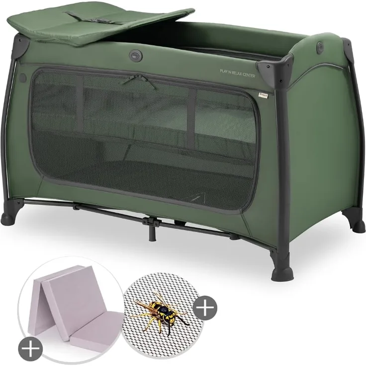 hauck Baby Reisebett Play N Relax Center Set mit Komfort Matratze und Insektenschutz - Babyreisebett mit Neugeborenen Einsatz, Wickelauflage und Tasche (höhenverstellbar & faltbar) - Dark Green