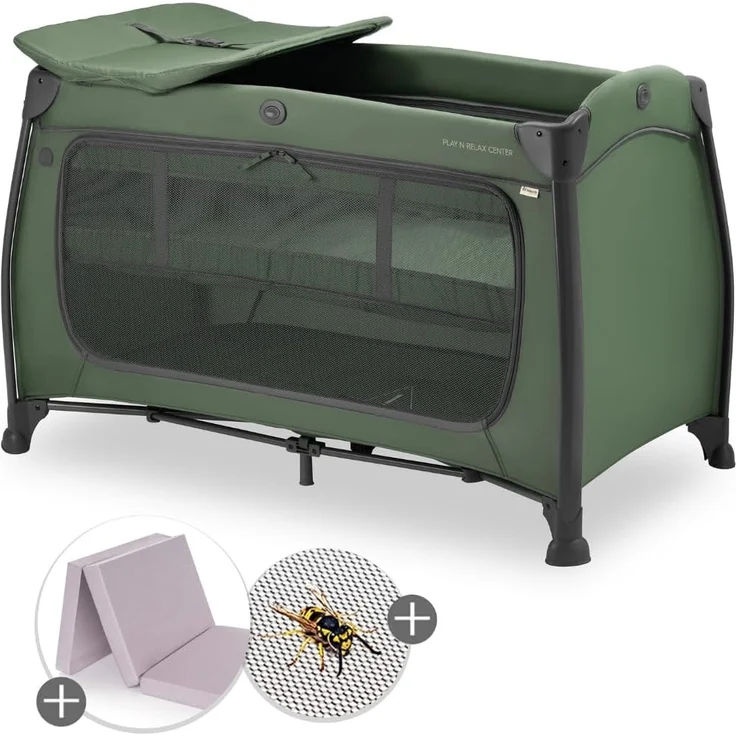 hauck Baby Reisebett Play N Relax Center Set mit Komfort Matratze und Insektenschutz - Babyreisebett mit Neugeborenen Einsatz, Wickelauflage und Tasche (höhenverstellbar & faltbar) - Dark Green – Bild 1