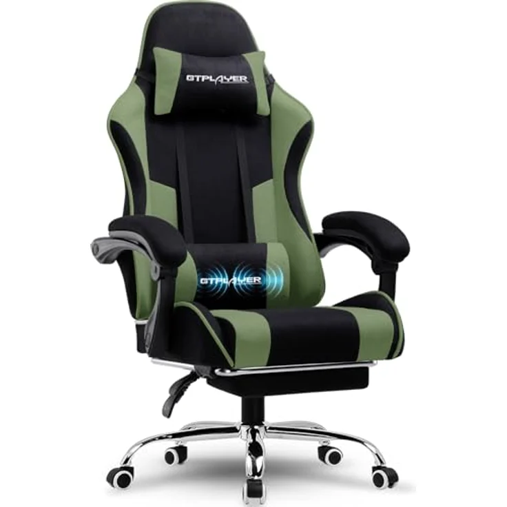 GTPLAYER Gaming Stuhl, Bürostuhl, Ergonomischer Pc Stuhl, Gaming Sessel mit Massagelendenwirbelstütze, Task Stühle mit Fußstütze und Kopfstütze, Grün Stoff – Bild 2