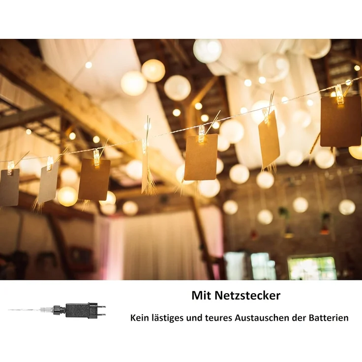 COZY HOME LED-Lichterkette Fotoclip Lichterkette - Batterie und Stecker, 30 Fotoclip LEDs I Timer-Funktion I 6 Meter I Warmweiße LED – Bild 3