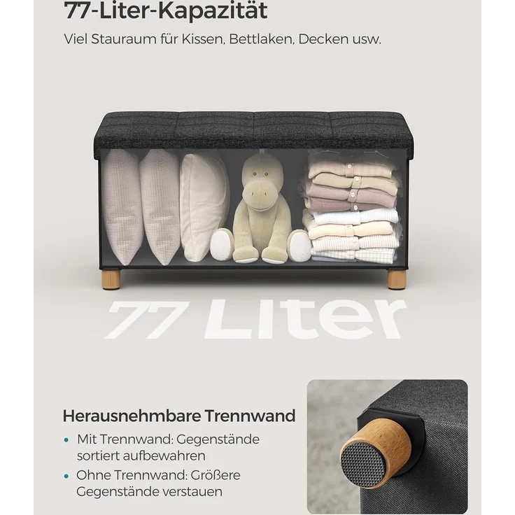 Songmics Sitzbank mit Stauraum, Schuhbank, klappbare Sitztruhe, Aufbewahrungsbox, Fußbank, 38 x 76 x 40 cm, für Wohnzimmer, Schlafzimmer, tintenschwarz LSF016B11 – Bild 5