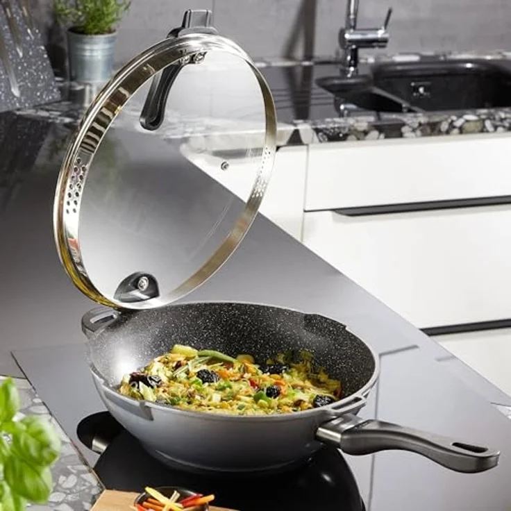 STONELINE Wok, Aluminium (Set, 2-tlg, 1 Wok, 1 Sieb-Glasdeckel, 1 langer Griff, 2 kurze Griffe), mit echten Steinpartikeln, induktionsgeeignet, Designed in Germany – Bild 6