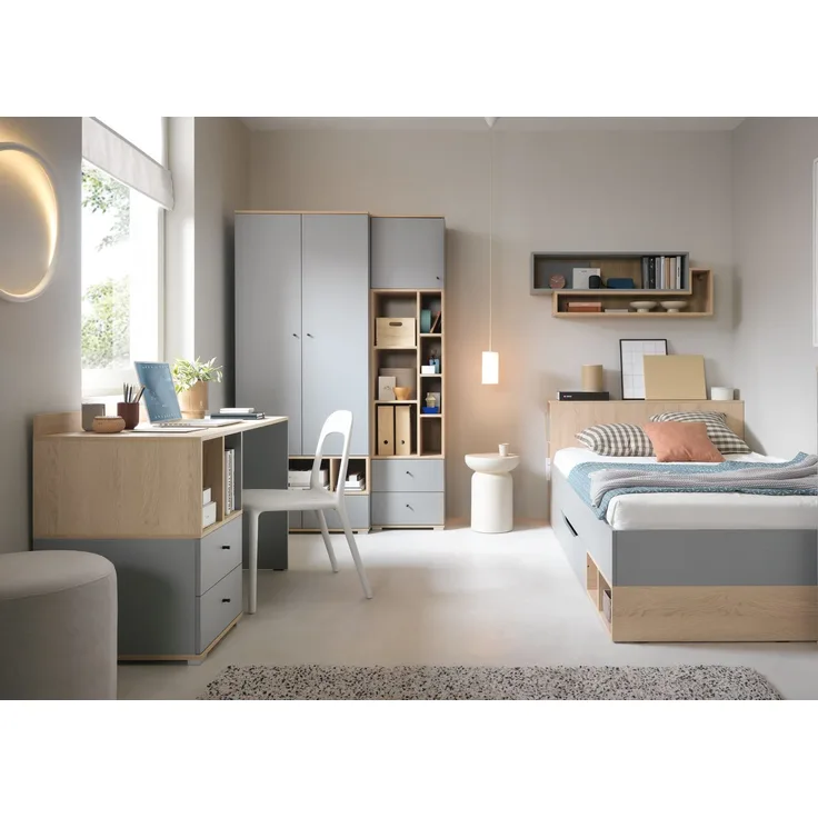Jugendzimmer Nova in Grau und Eiche – Moderne Möbel Komplett-Sets für Kinder & Jugendliche, in verschiedenen Set-Varianten oder als Einzelmöbel - 6 teilig , Kleiderschrank · Standregal · Schreibtisch · Jugendbett 120 × 200 cm · Matratzenauflage · Wandr...