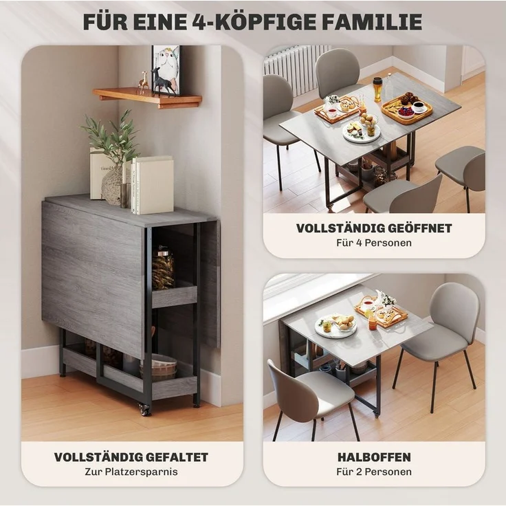 HOMCOM Klapptisch Esstisch Klappbar für 2-4 Personen mit 2 Offenen Ablagen (Küchentisch, 1-St, Mobiler Esszimmertisch), für Kleine Räume, Esszimmer, Küche 133,4 x 80 x 74 cm Grau – Bild 3