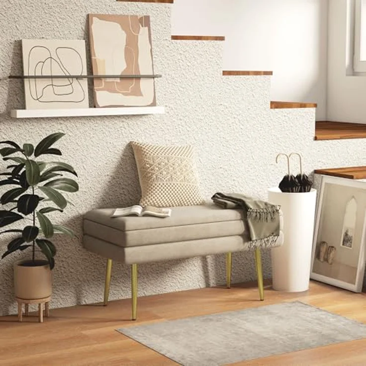 HOMCOM Sitzbank, Polsterbank mit Stauraum, Samtoptik, Bettbank mit Stahlbeine, Schuhbank, Aufbewahrungsbank für Wohnzimmer, Schlafzimmer, Beige, 79,5 x 37,5 x 43 cm – Bild 2