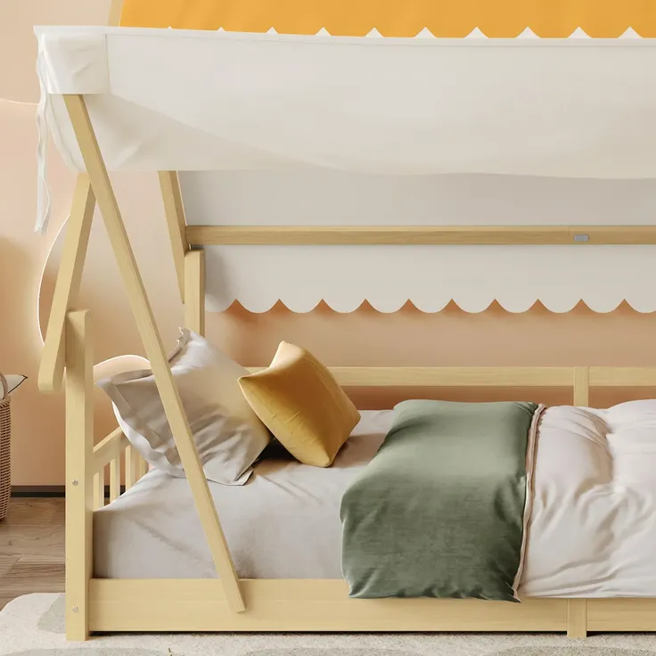 Hausbett mit Lattenrost und Zelt, 90x200 cm, Kinderbett mit Zaun, Holzbett, Einzelbett, Kiefer – Bild 5