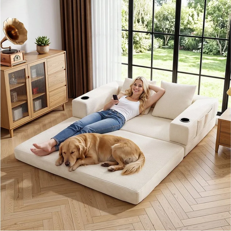oyajia Schlafsofa Sofa mit Schlaffunktion aus Cord, umwandelbar zum Schlafsofa/-Sessel, Beige, Cordsofa 150 cm breit, 2 Sitzer, kein Aufbau erforderlich, vakuumiert, Boneless Couch, Klappsofabett für Wohn/Arbeits/Schlafzimmer – Bild 2