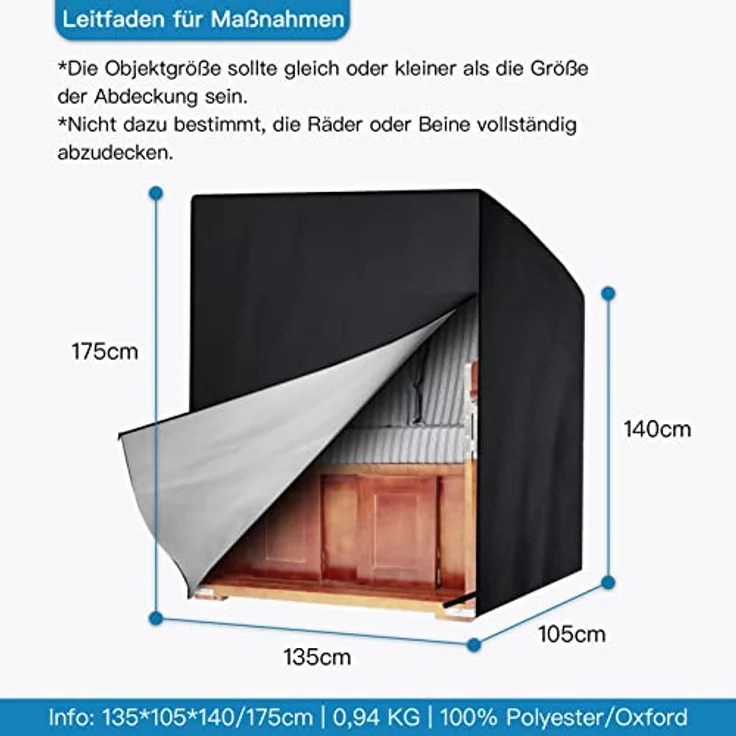 Awnic Strandkorb Schutzhülle Winterfest, Strandkorbhülle 2 Sitze Wasserdicht, Abdeckhauben für Strandkörbe, Abdeckung Strandkorb Winterfest 420D Oxford-Gewebe L135×B105×H175/140cm – Bild 3