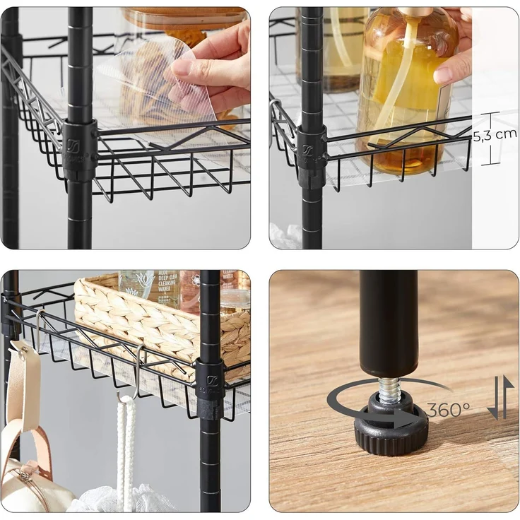 Songmics Küchenregal mit 5 Ebenen, Metallregal, Standregal, höhenverstellbare Gitterablage, mit PP-Kunststoffplatten, 4 S-Haken, für Küche, Wohnzimmer, bis zu 100 kg belastbar, schwarz LGR105B01 – Bild 8