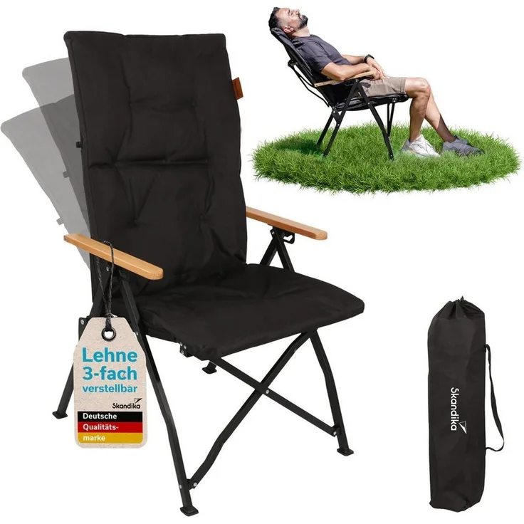 Skandika Campingstuhl Nojata, faltbar, 3-Fach verstellbare Rückenlehne, Tragetasche (Max. Benutzergewicht 120 kg, Material Armlehnen: Buchenholz), Sitzhöhe 43 cm, 5,2 kg leicht, Sitzfläche 50 x 50 cm, Anti-Rutsch-Füße