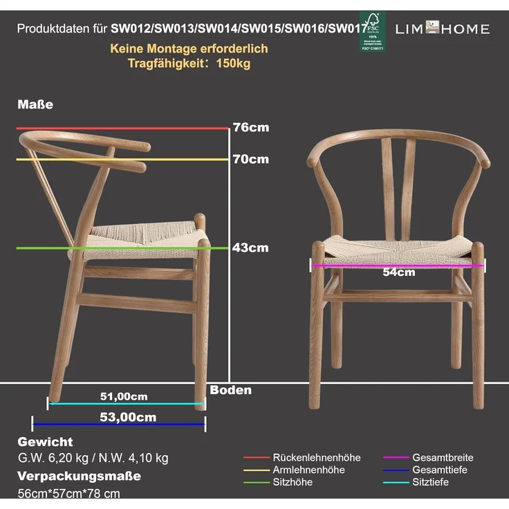 LIM HOME Esszimmerstuhl SW012 (Packung, 1 St), FSC® Massivholzrahmen mit Sitzfläche aus Papierseil – Bild 3