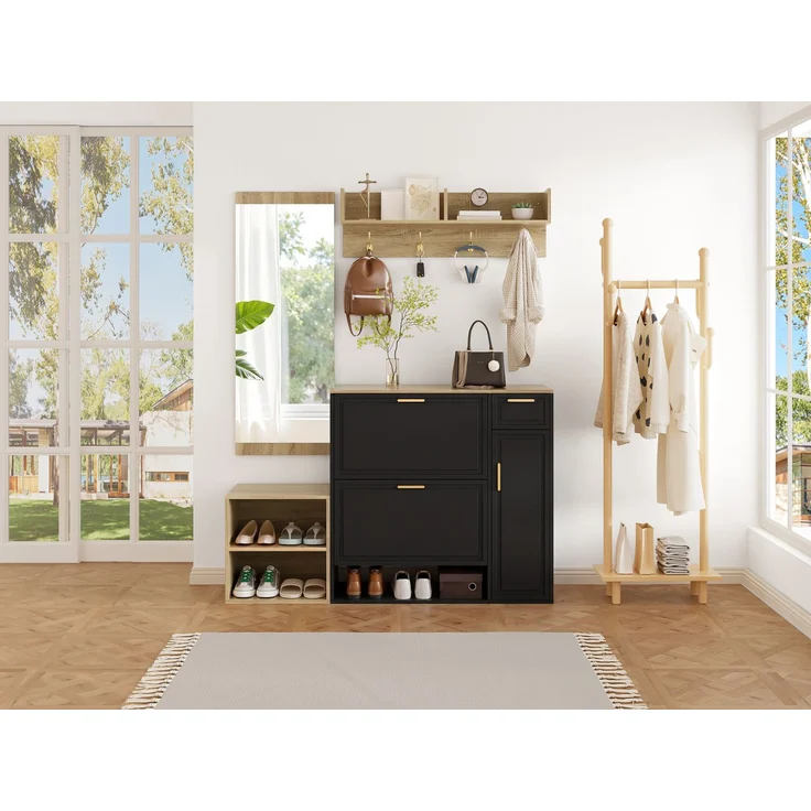 Wohnora-4-teiliges Garderoben-Set – mit Schuhschrank, Sitzbank, Wandgarderobe & Spiegel, komplettes Flurmöbel-Set für Diele und Eingangsbereich, Maße: B1395 x T35 x H166 cm,H 174cm x T 130cm x B 30cm,Natur + Schwarz – Bild 4