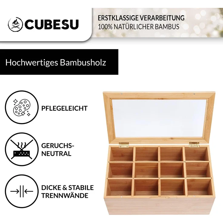 Cubesu Teebox Premium Holz Teebeutelbox Teekiste Teebeutel Box, Bambus, 12 Fächer mit Sichtfenster & Schublade – Bild 3
