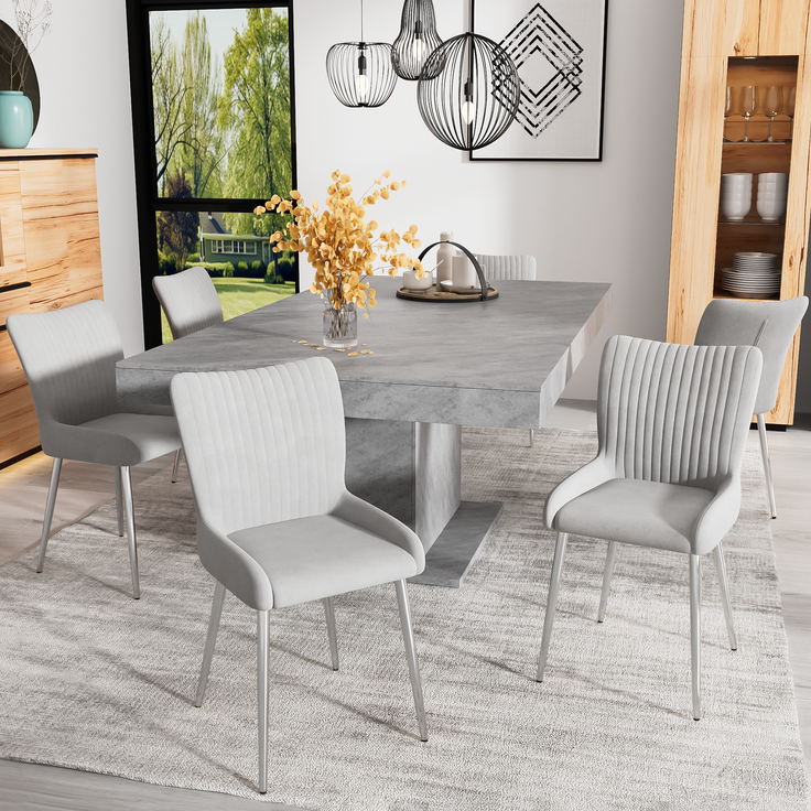 Merax Samt-Esszimmerstuhl, 4er-Set, luxuriös, Wohnzimmer, Schlafzimmer, Lounge-Stuhl mit vier Silberne Metallstützbeinen, Lendenwirbelstütze, Grau – Bild 3
