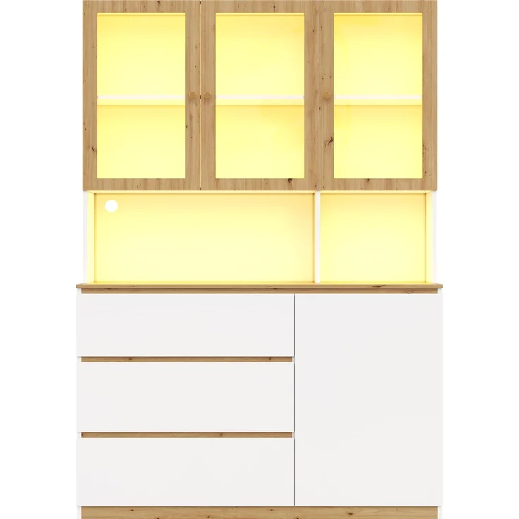 Hochschrank 200x120x24.5 cm mit LED, Glasvitrine, 3 Schubladen in Weiß/Eiche – Bild 6