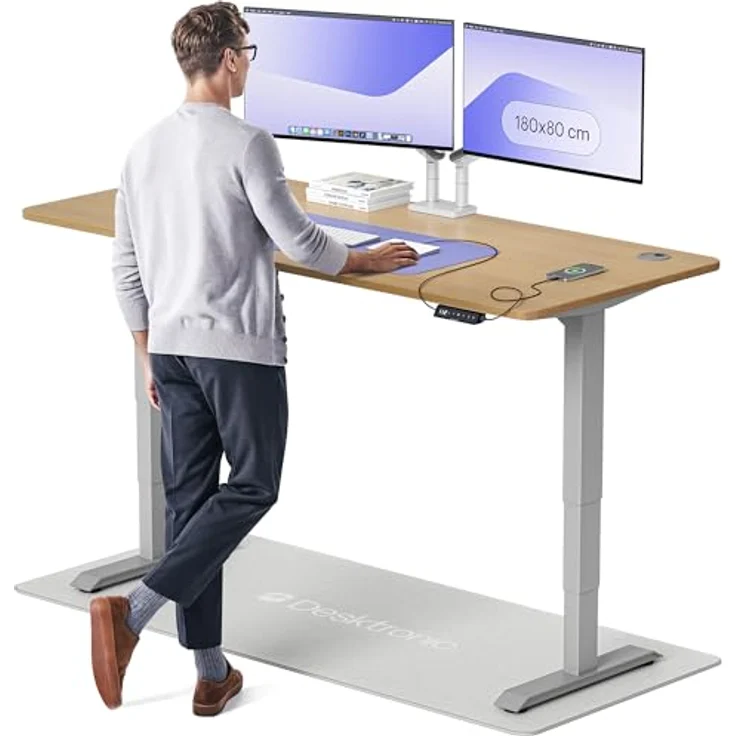 Desktronic Höhenverstellbarer Schreibtisch aus massivem Eichenholz (180x80 cm) – Elektrisch höhenverstellbar mit flüsterleisem Dual-Motor & Touchscreen – Hohe Tragfähigkeit – Stehtisch HomePro – Bild 2
