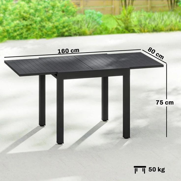 Ausziehbarer Gartentisch für 4–6 Personen mit integrierter Verlängerung, Aluminium, 80–160 x 80 cm, schwarz – Bild 5