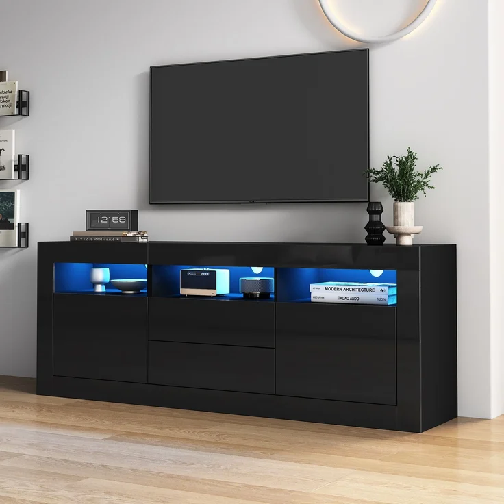 Merax 160*35*60cm Hochglanz-TV-Schrank mit LED-Beleuchtung, 3 offenen Fächern, 2 Türen, 2 Schubladen, Smart App Steuerung, für 70-Zoll-Fernseher, Hochglanz-TV-Ständer, Schwarz – Bild 2