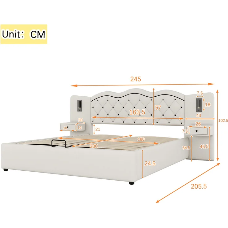 Polsterbett 180x200 cm, Doppelbett mit hydraulischem Hebemechanismus und Stauraum, integriertes Kopfteil mit Beleuchtung,Beige – Bild 6