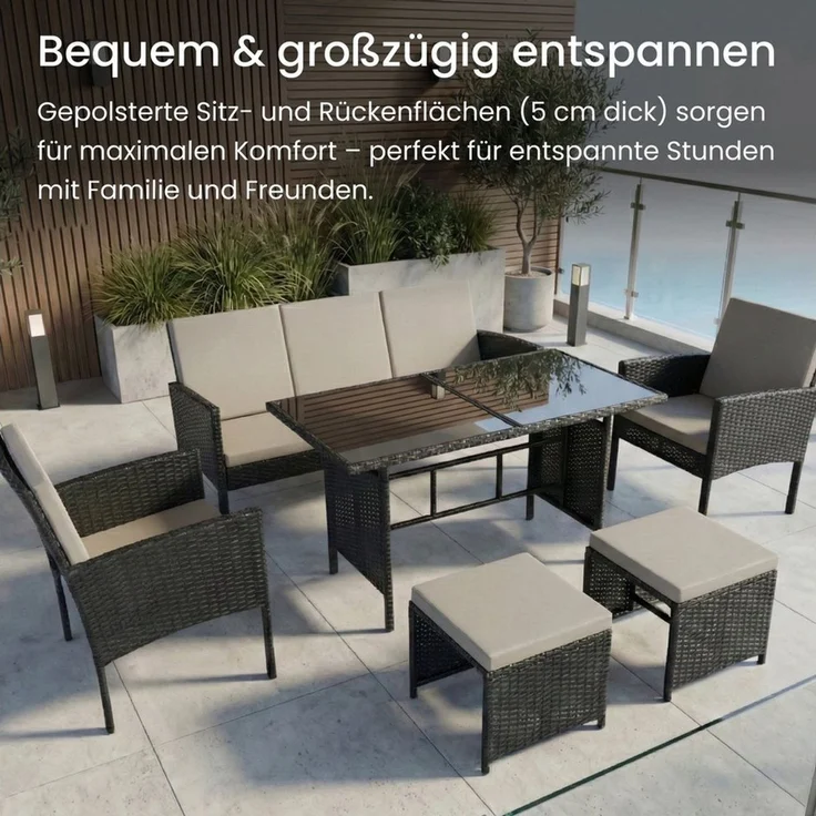 Home Collective Gartenlounge-Set Gartenmöbel Set 7-Sitzer Outdoor Sitzgruppe Möbel Lounge Polyrattan, (inkl. Esstisch mit gehärteter Glasplatte), 3-Sitzer Sofa, 2 Stühle, 2 Hocker Polyrattan Schwarz graue Kissen – Bild 2
