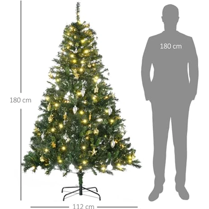 HOMCOM Künstlicher Weihnachtsbaum mit Deko 200 LEDs 745 Spitzen, Tannen, 112x180 cm (BxH), grün – Bild 8